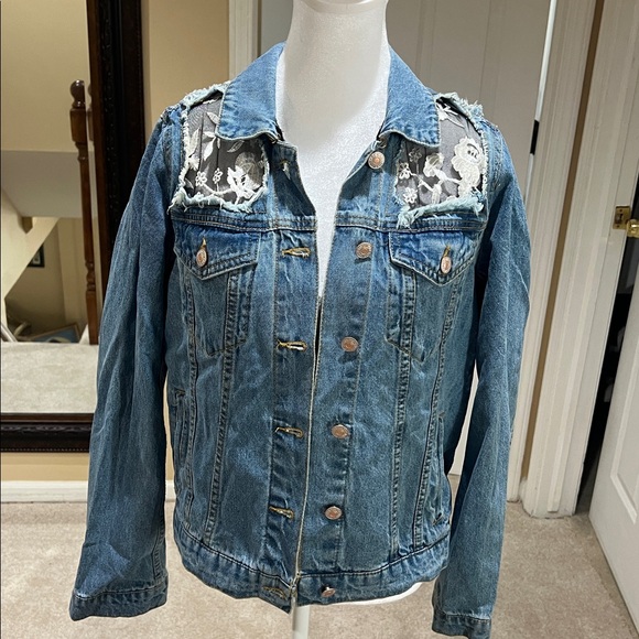 Love Tree Blue Jean Jacket with Lace Accents - Picture 1 of 5